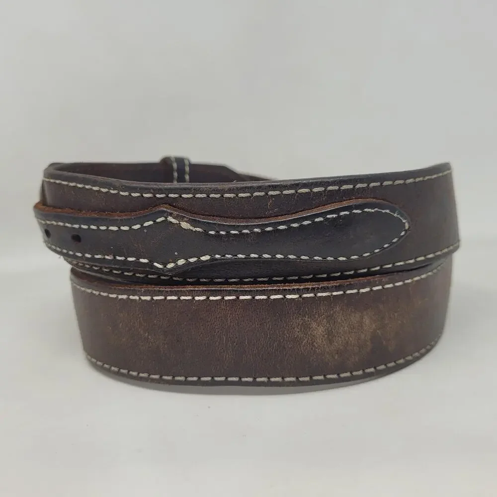 Brown Leather Belt 36 Western Contrast Stitch Double Keeper Casual Rugged Cowboy